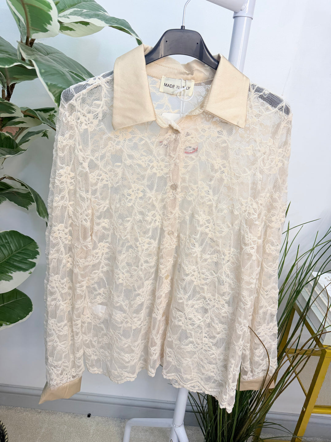 Womens Sheer Lace Satin Collar Blouse - Black, Navy, Beige, Brown