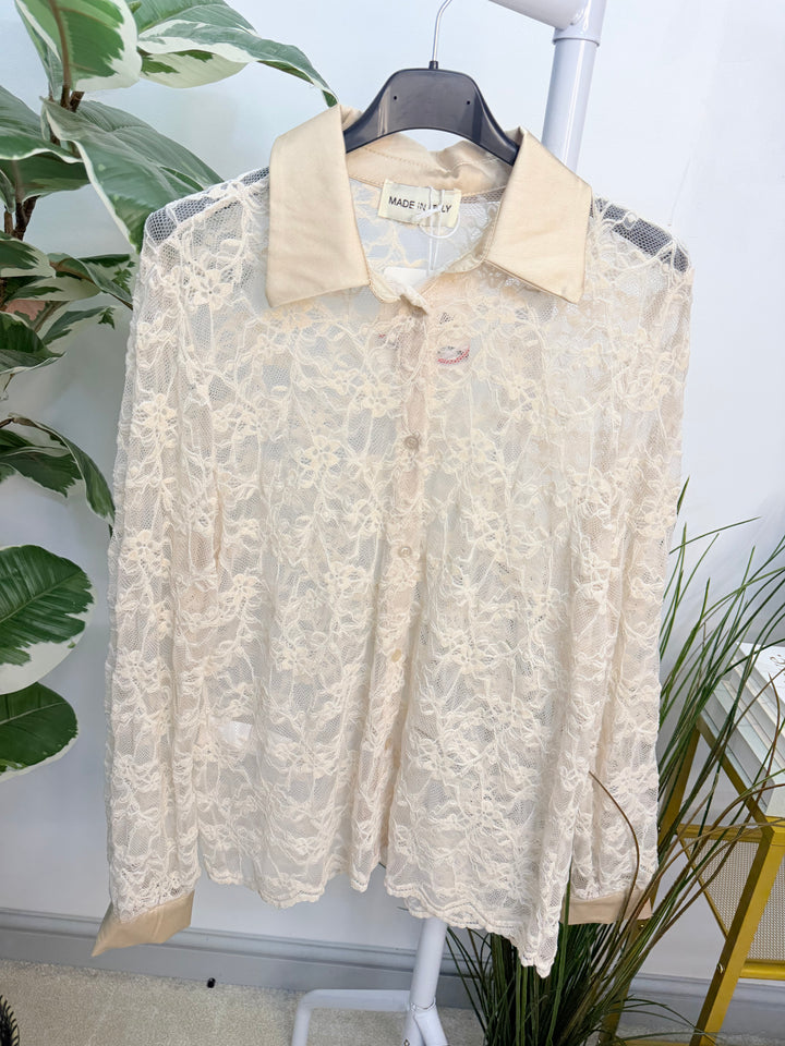 Womens Sheer Lace Satin Collar Blouse - Black, Navy, Beige, Brown