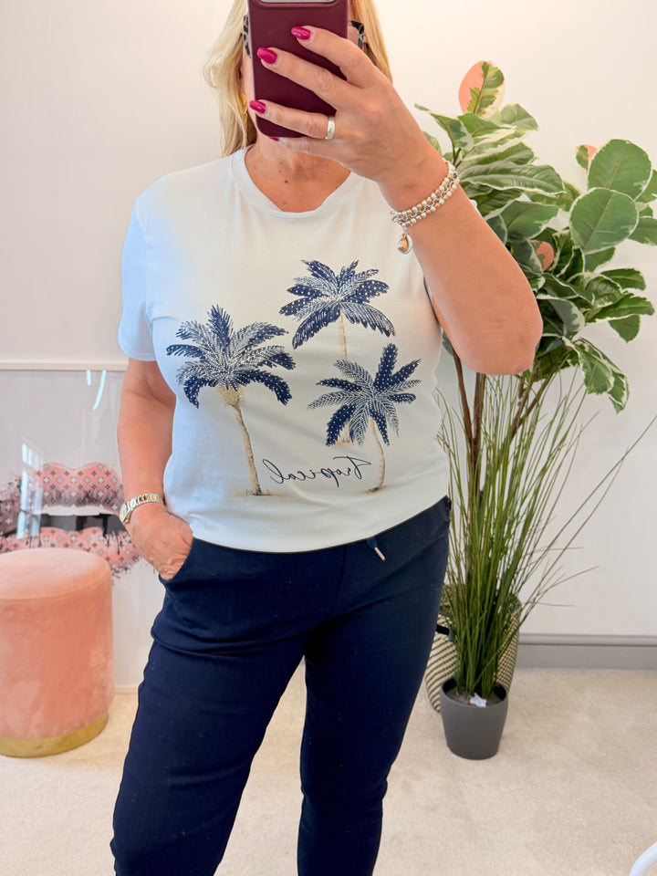 Ladies White Sparkly Tropical Print T Shirt - Navy, Blue, Pink, Khaki & Beige