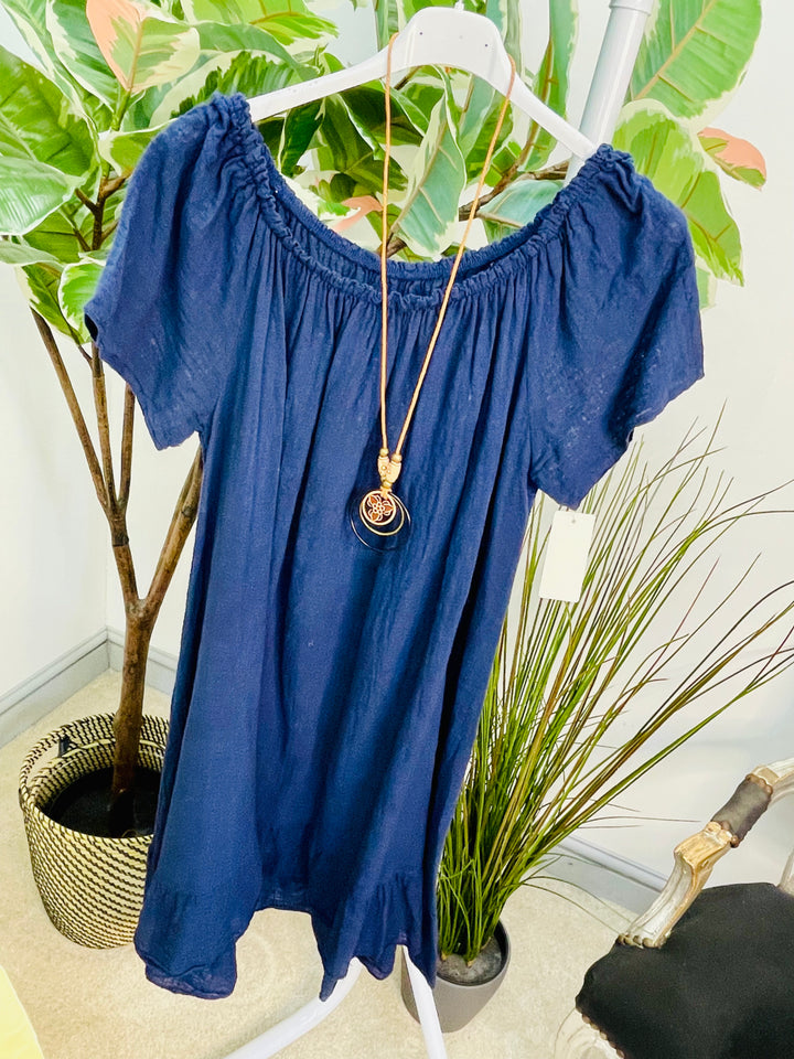 LADIES COTTON SUMMER BARDOT DRESS - BLACK, NAVY, PINK, LEMON, ORANGE, BLUE & LIME