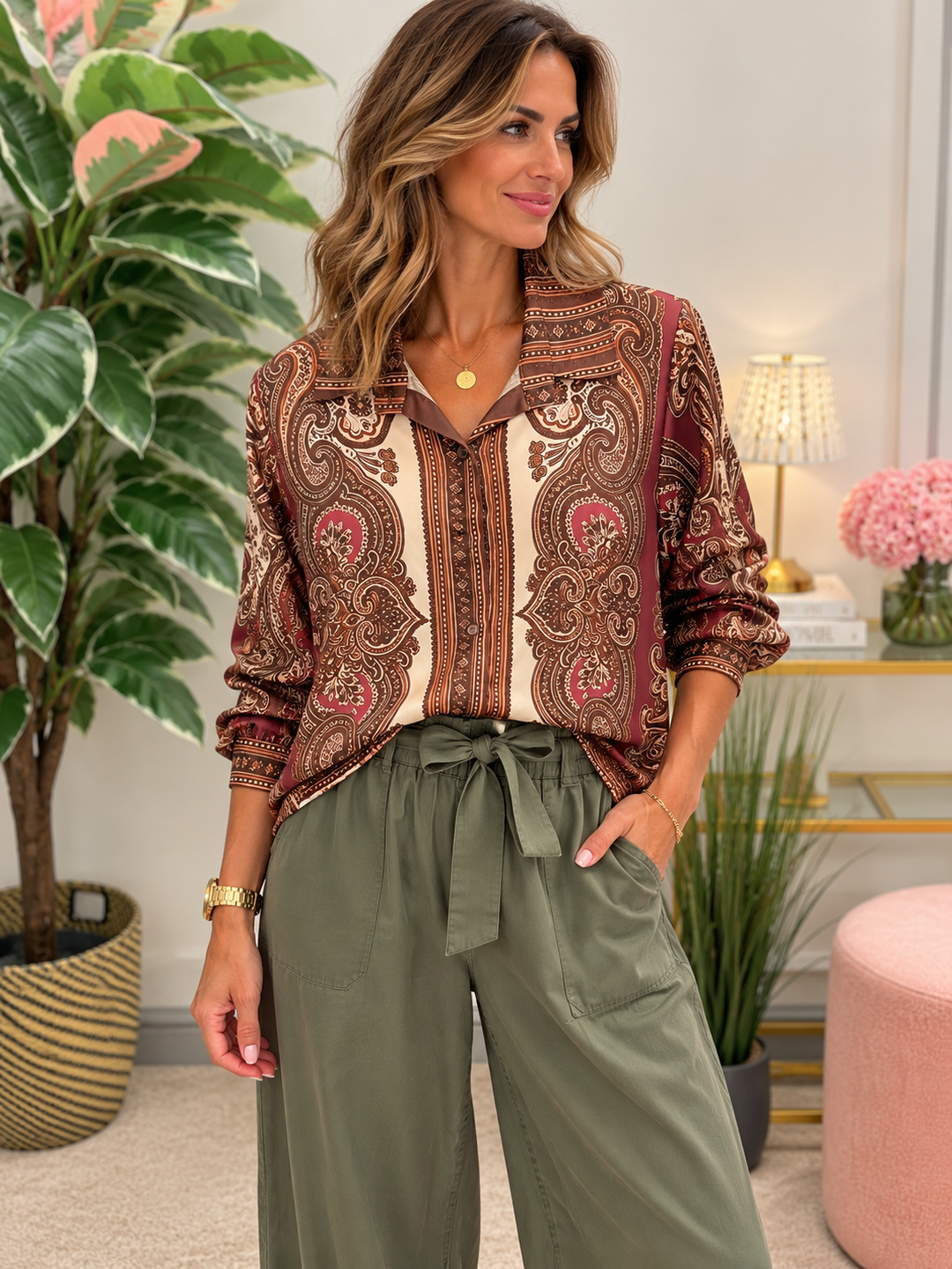 Womens Burgundy Paisley Print Satin Shirt Blouse Top