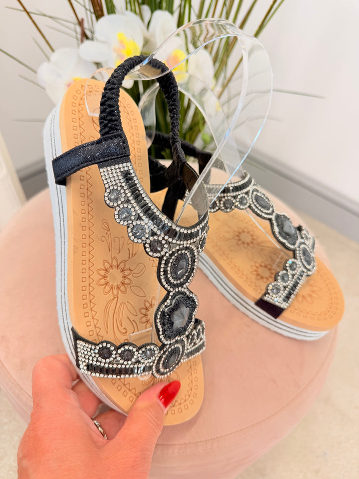 Ladies Fashion Black Jewelled Small Wedge Sandals Shoes