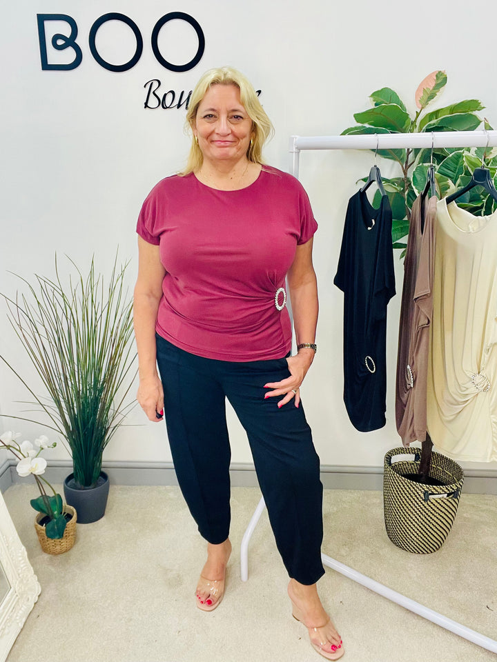 LADIES STRETCH RUCHE SIDE SHORT SLEEVE TOP - BURGUNDY, NAVY, BEIGE & BLACK