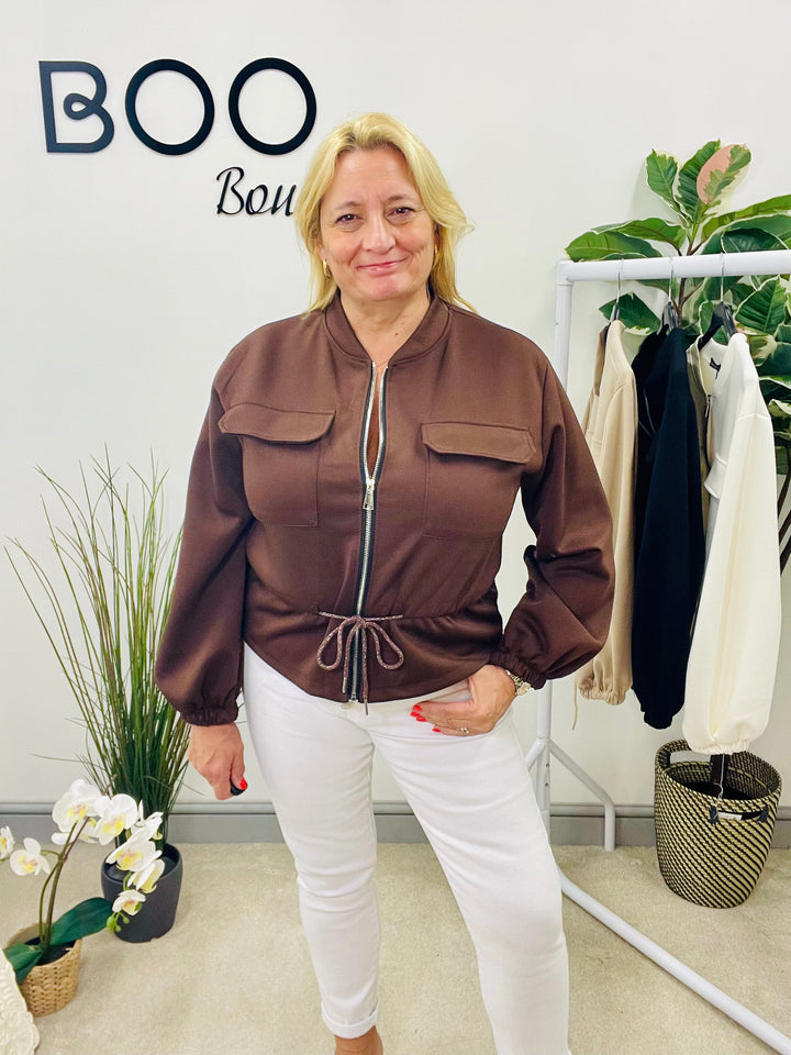 LADIES FASHION BOMBER JACKET - WHITE, BLACK, BEIGE, BROWN