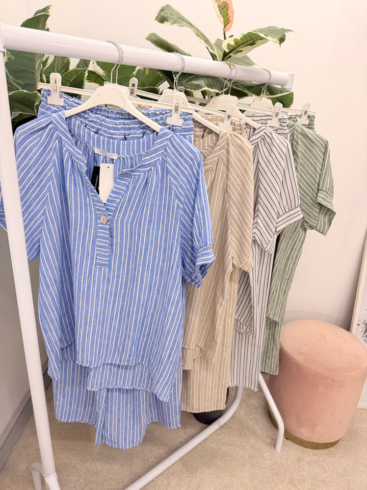 Ladies Fashion Stripe Wide Leg Trouser Co Ord Set - Khaki, Blue, White & Beige