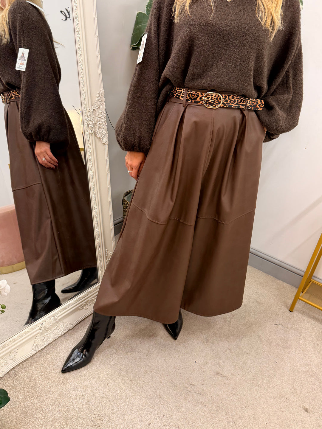 Womens fashion faux leather A line maxi skirt - black, brown & beige
