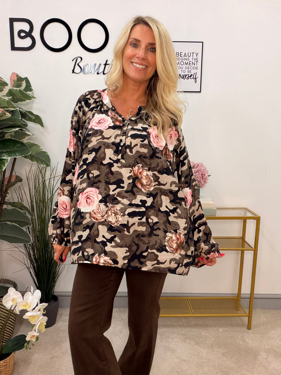 Ladies Fashion Loose Fit Camouflage Top Blouse - Khaki & Black