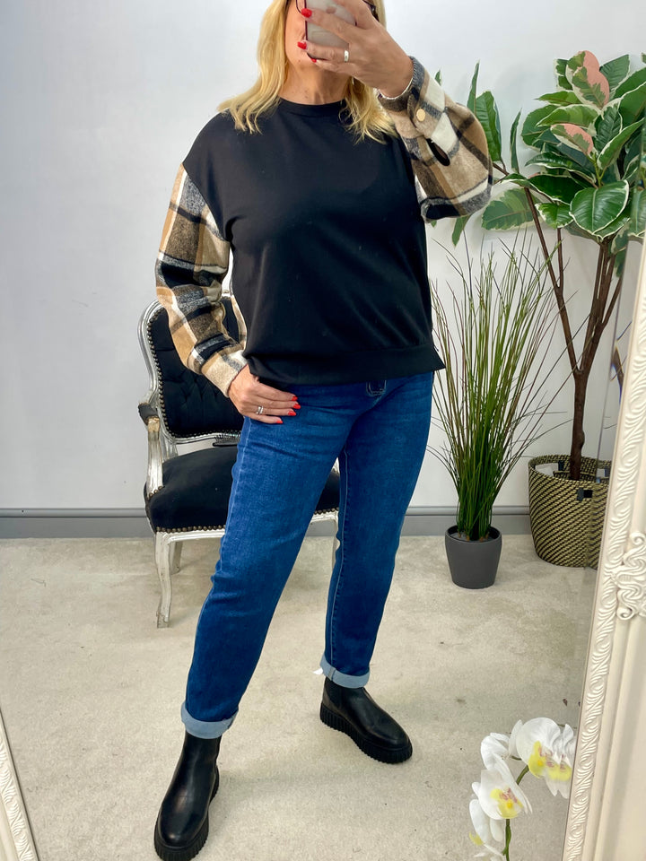LADIES CHECK SWEATSHIRT TOP - BLACK & MOCHA