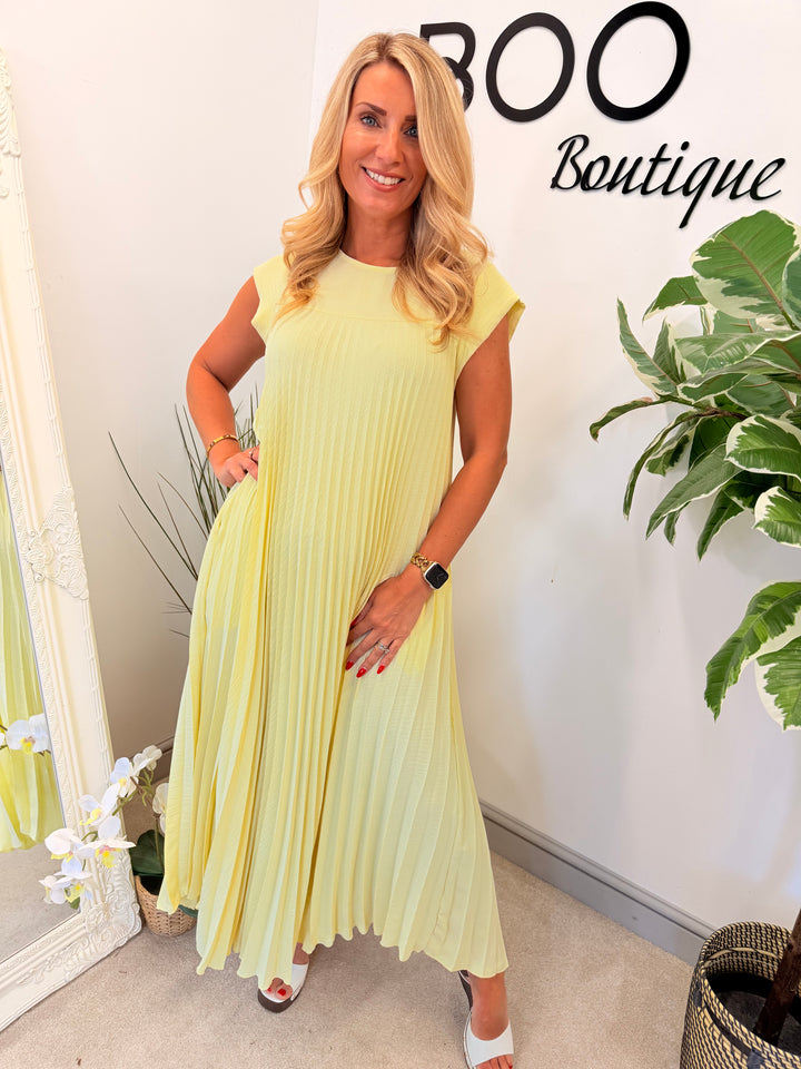 Ladies Fashion Pleated Maxi Dress - Black, Navy, Red, Lemon, Pink, Raspberry