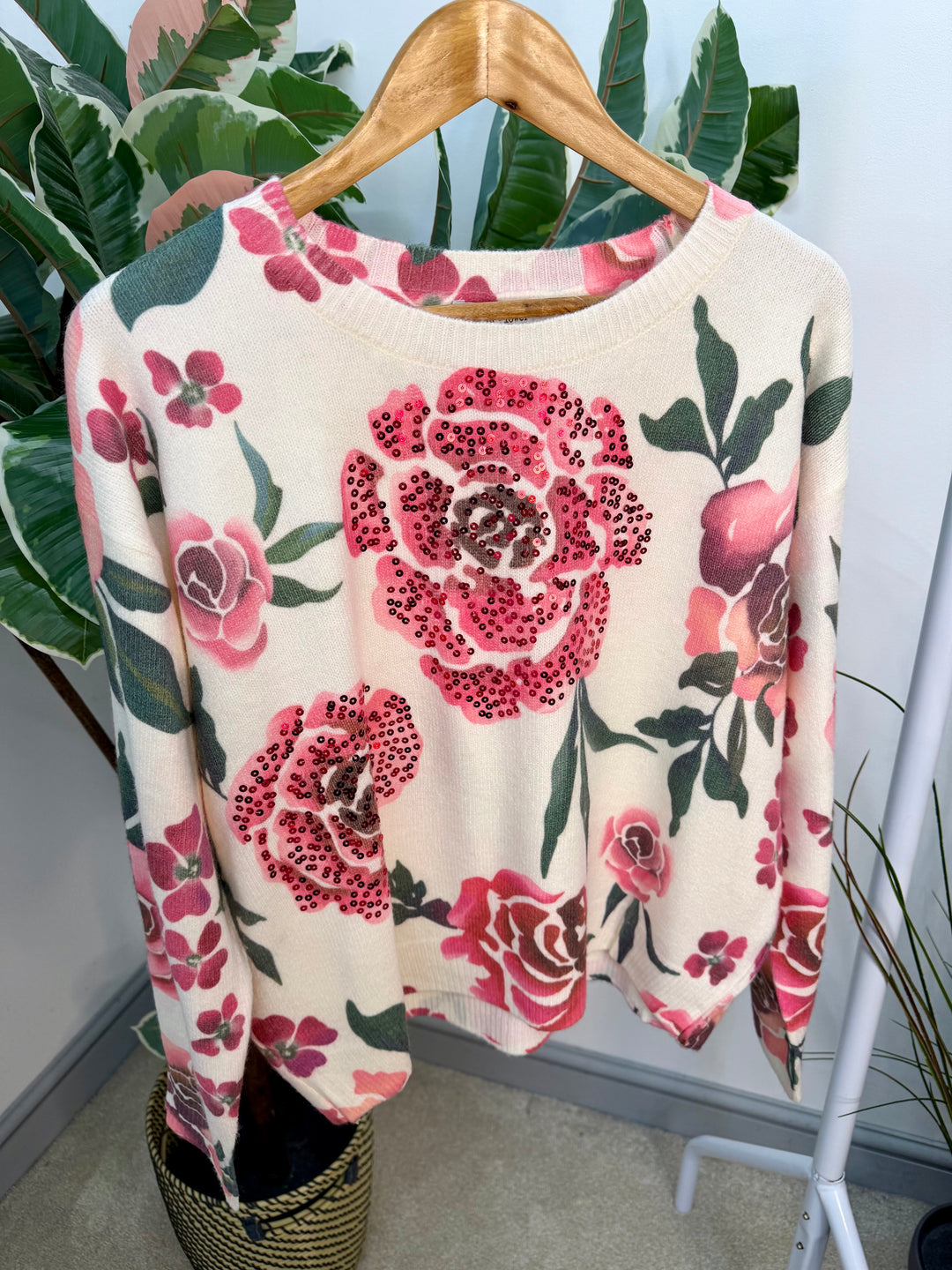 LADIES CREAM & PINK SEQUIN ROSE JUMPER