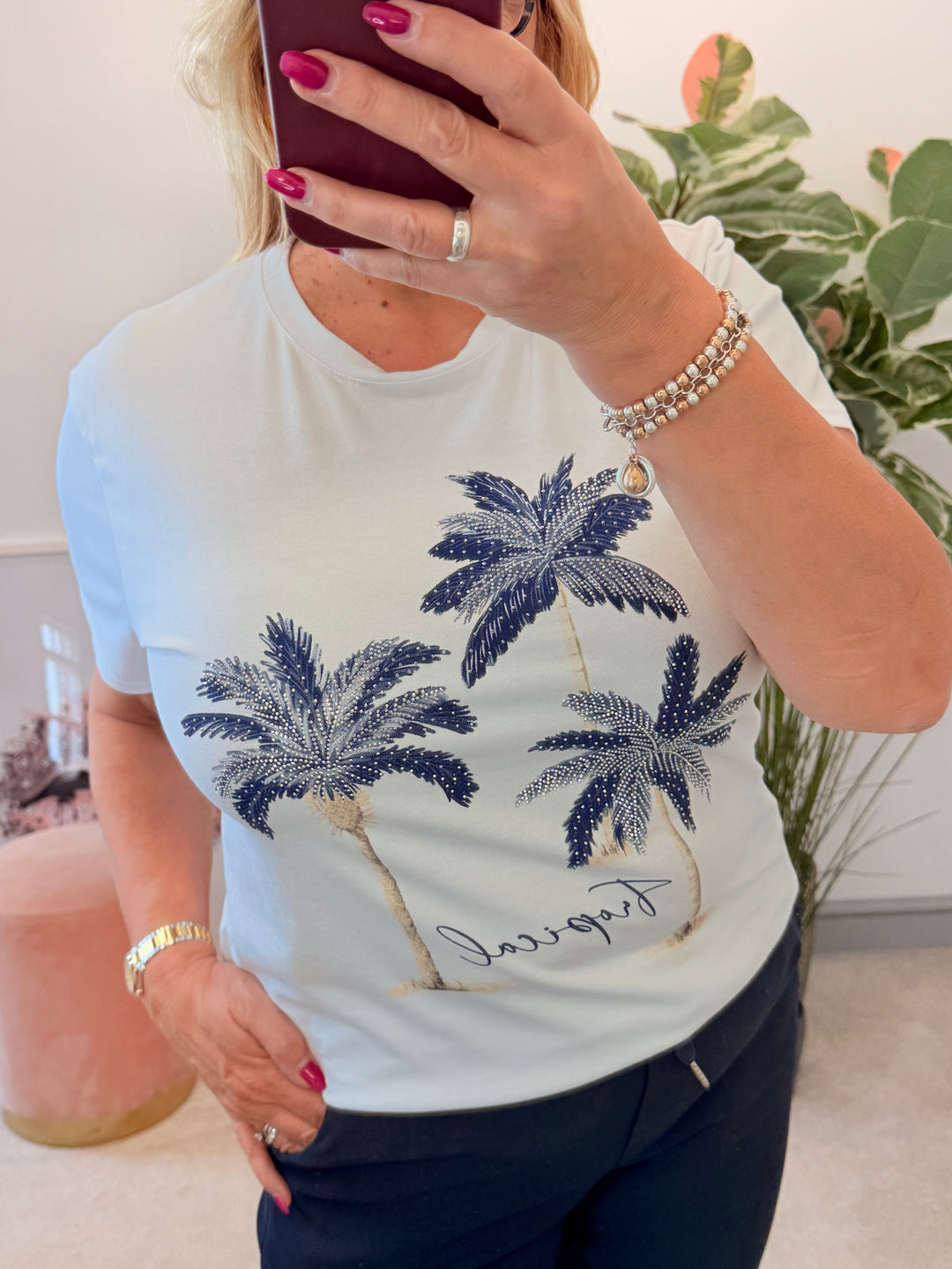 Ladies White Sparkly Tropical Print T Shirt - Navy, Blue, Pink, Khaki & Beige