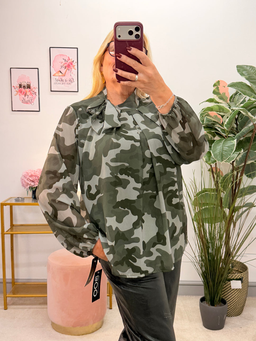 Womens sheer chiffon camouflage high neck blouse top