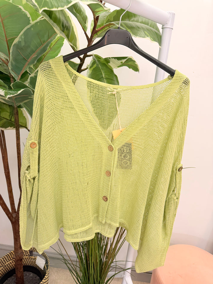 Ladies Fashion Tea Bag Linen Mesh Top Cardigan - Blue, Black, White, Lime & Pink