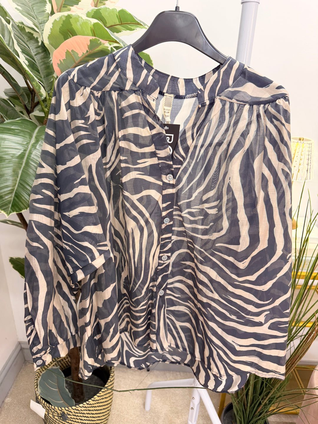 Womens zebra print smock style blouse top - navy & brown