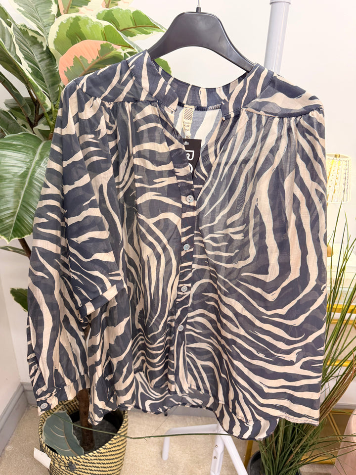 Womens zebra print smock style blouse top - navy & brown