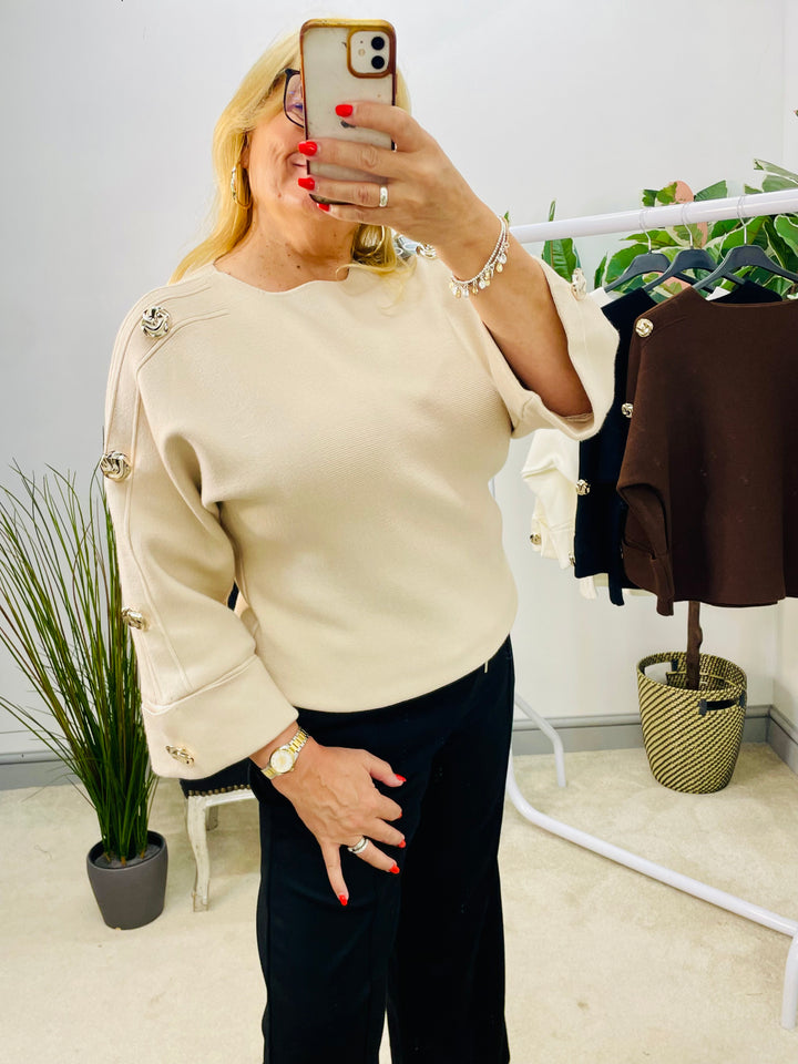 LADIES THICK KNIT GOLD BUTTON JUMPER - WHITE, BEIGE, BROWN & BLACK