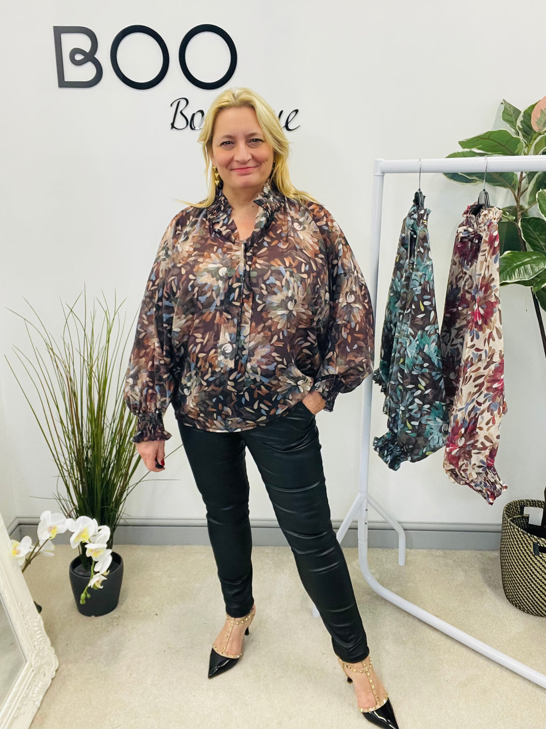 LADIES LEAF PRINT HIGH NECK BLOUSE - BEIGE, BROWN, TEAL