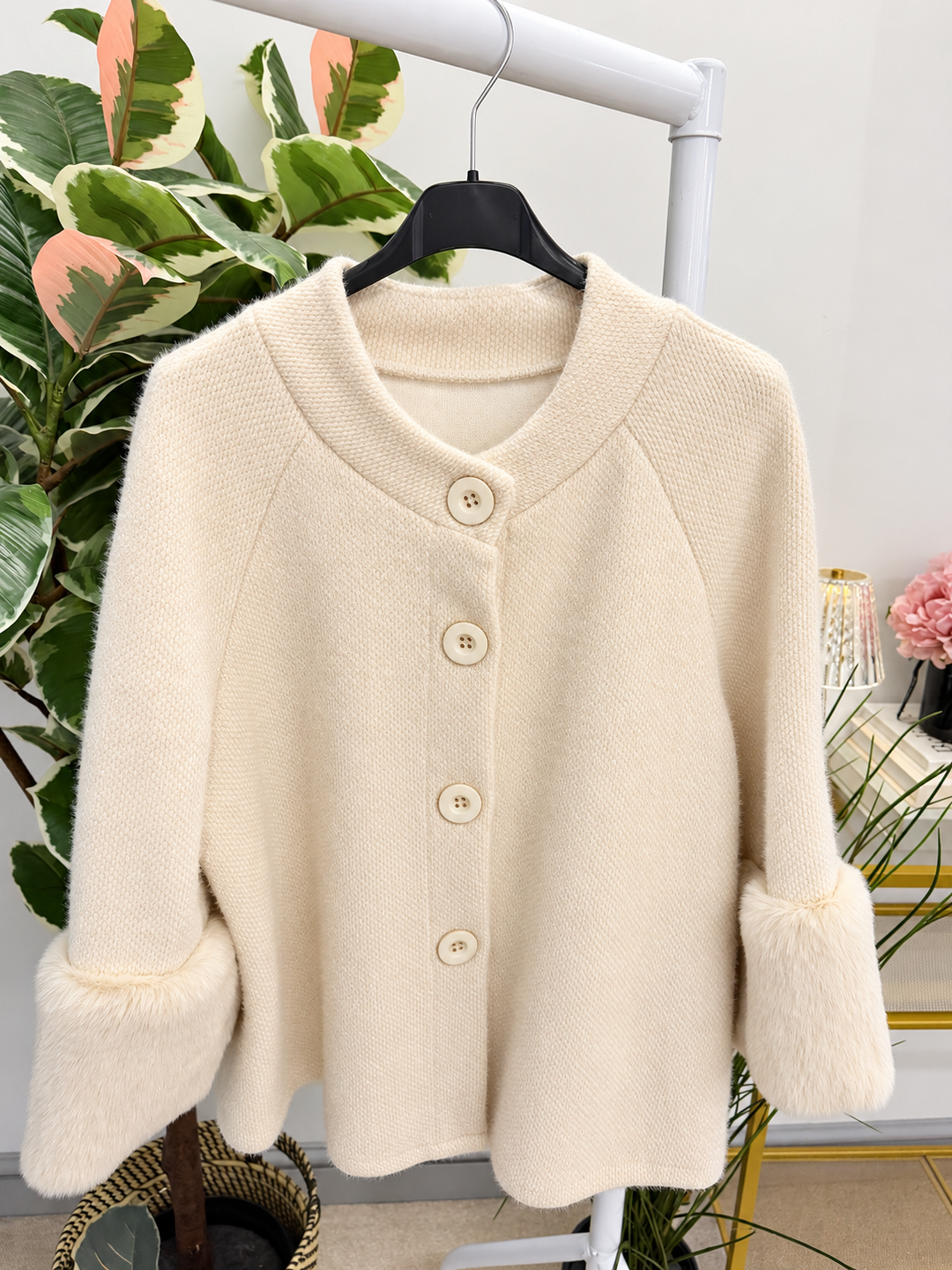 Women's chenille faux fur cuff cape jacket - black, cream, khaki & brown