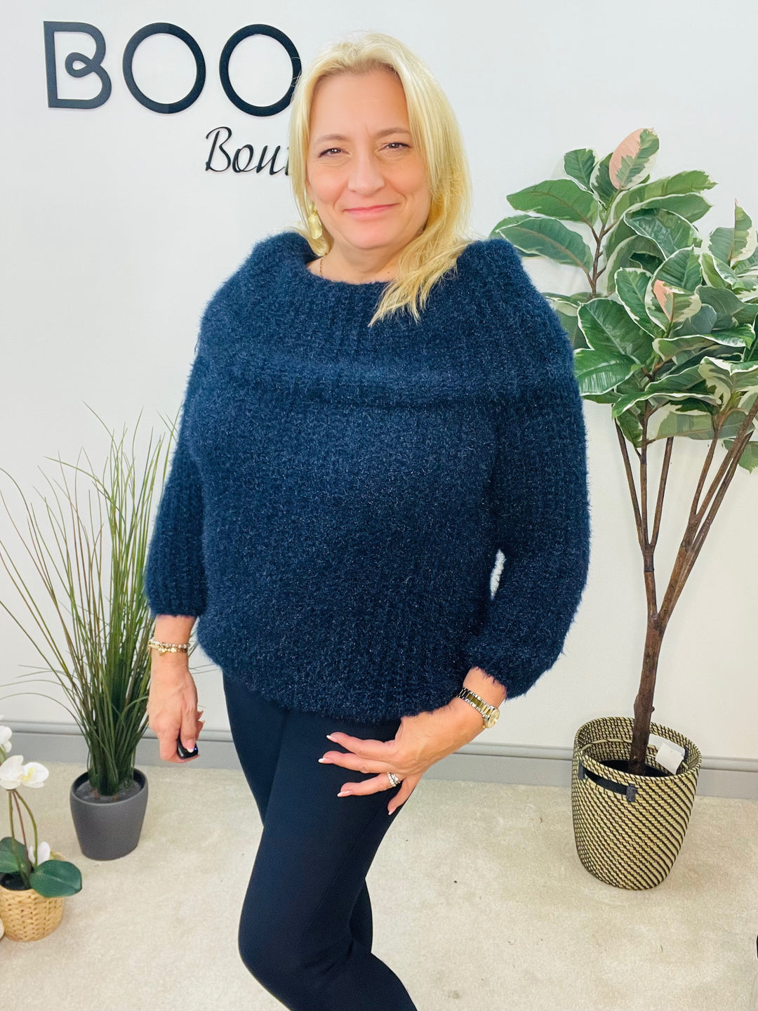LADIES FLUFFY BARDOT JUMPER - NAVY, BLACK, WINE, MOCHA, BROWN, CREAM