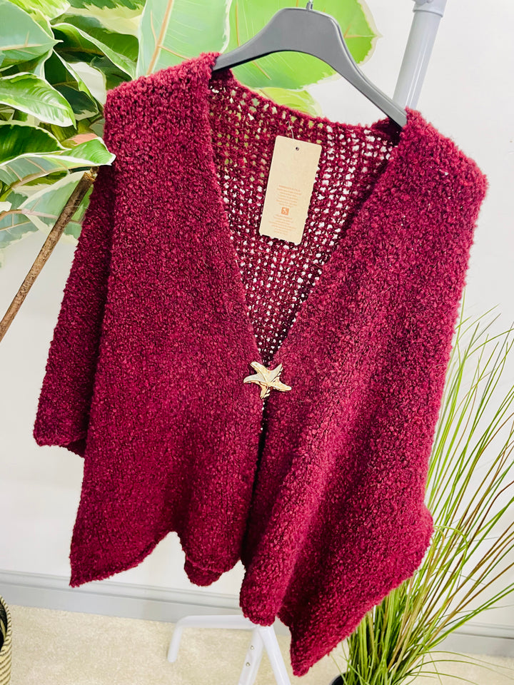 LADIES POPCORN KNIT CARDIGAN - BLACK, BURGUNDY, BROWN, BEIGE, BLUE & PINK