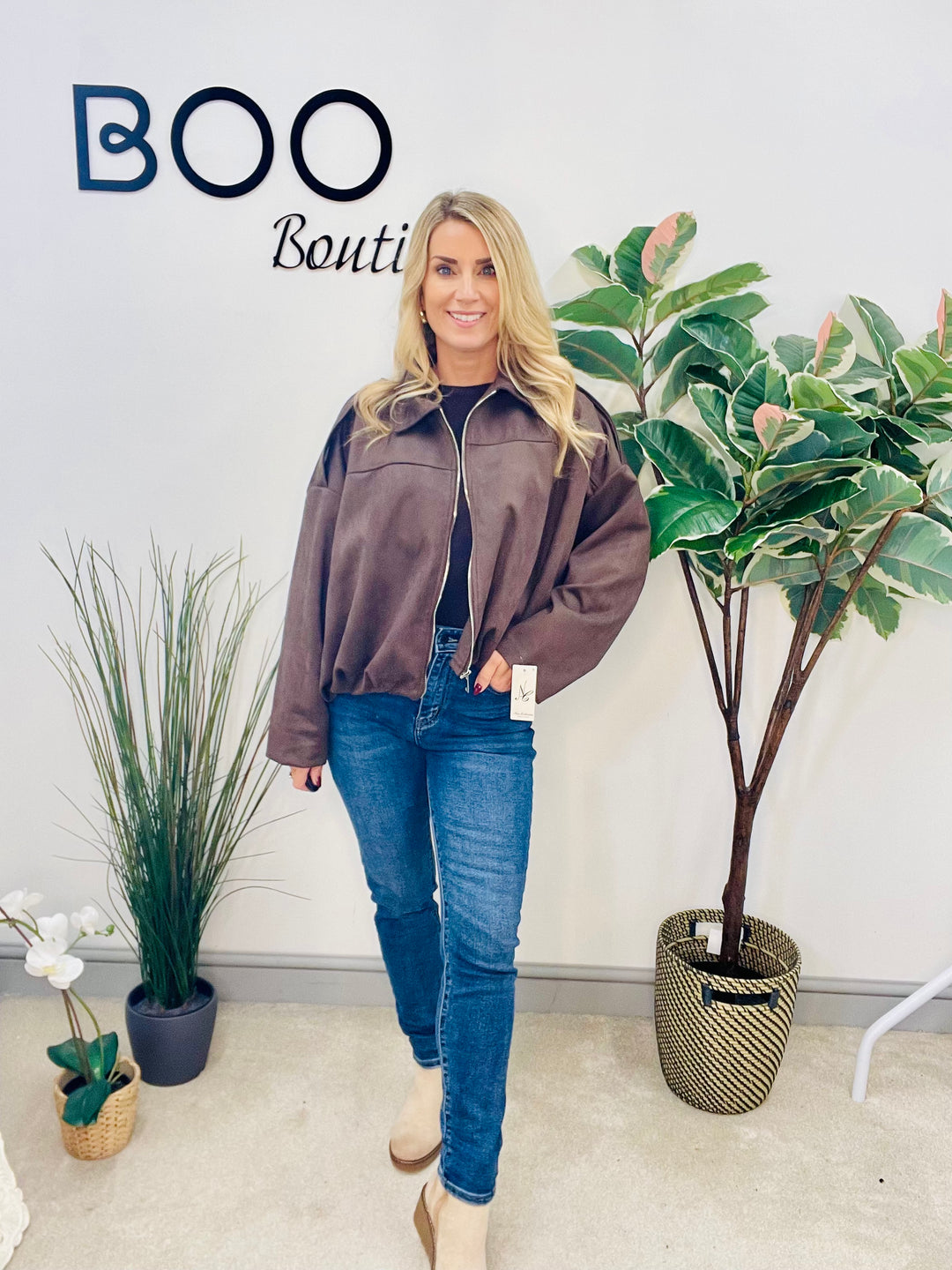 LADIES FASHION FAUX SUEDE BOMBER JACKET - BLACK, BEIGE, BROWN & BURGUNDY WINE