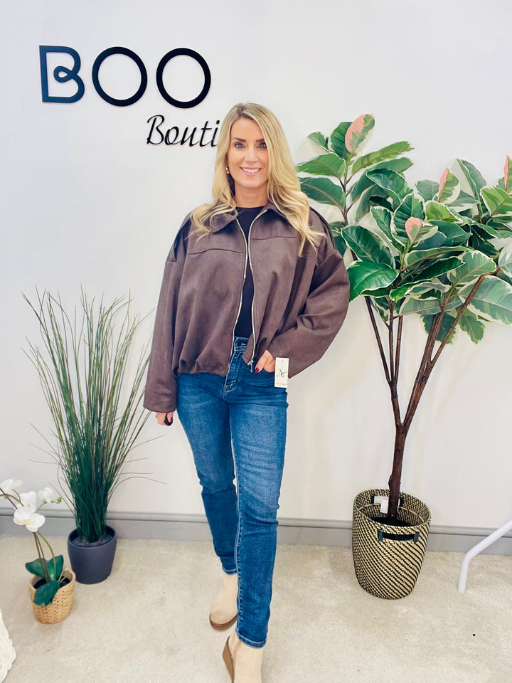 LADIES FASHION FAUX SUEDE BOMBER JACKET - BLACK, BEIGE, BROWN & BURGUNDY WINE