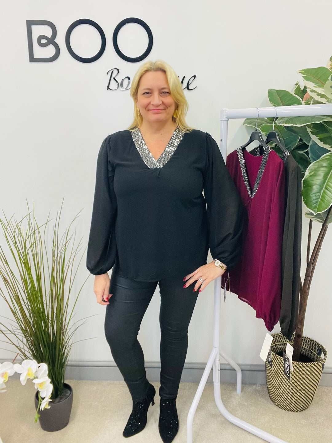 LADIES CHIFFON FLOATY SEQUIN PARTY TOP - BROWN, BLACK, BERRY