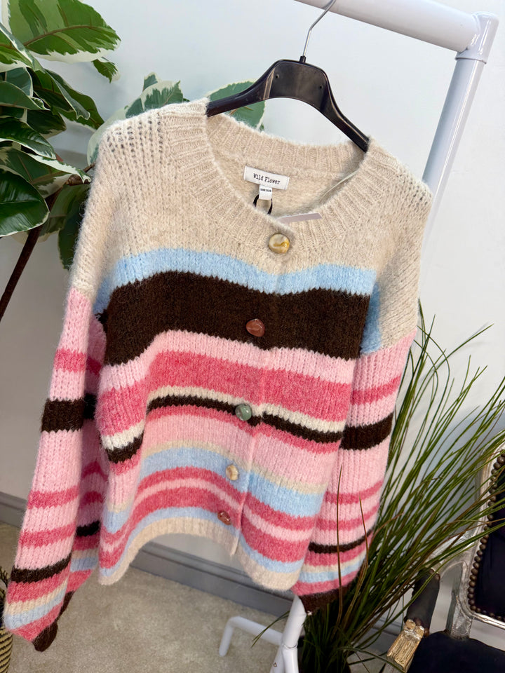 Ladies Fashion Thick Chunky Knit Stripe Oversize Cardigan