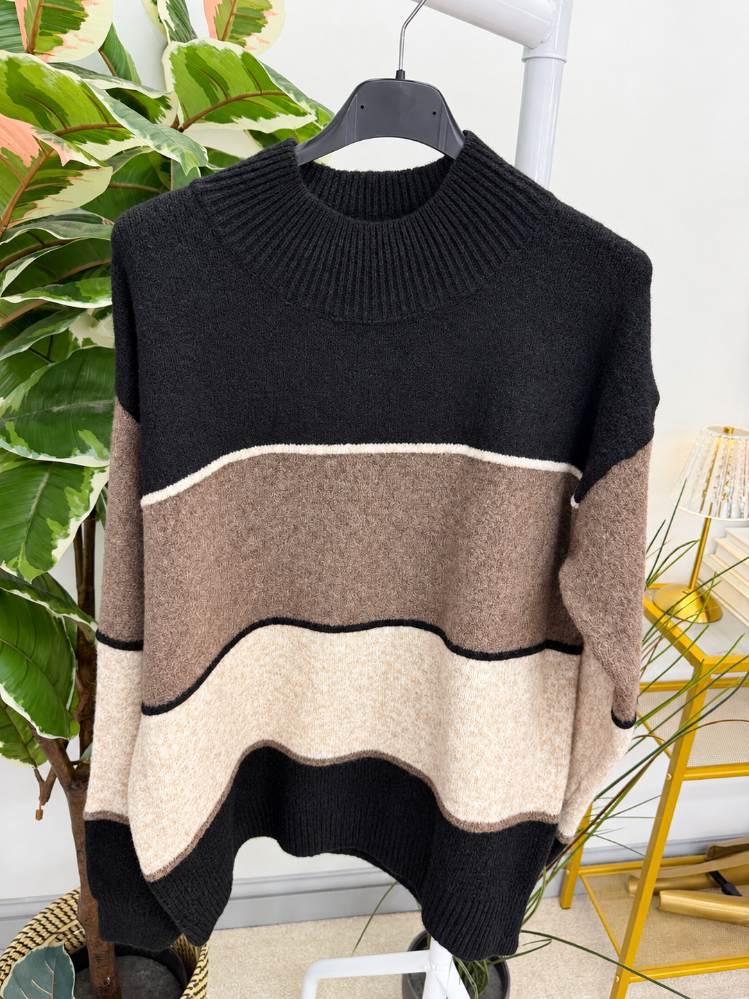 Women's colour block stripe jumper - black, mocha, brown & wine