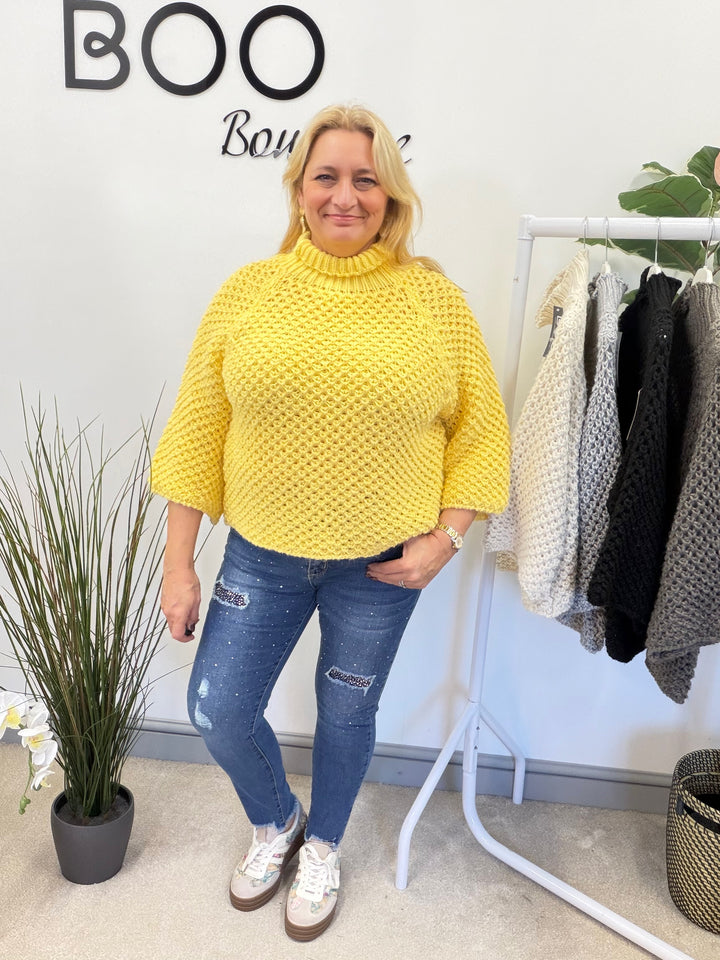 LADIES CHUNKY WAFFLE KNIT JUMPER - LEMON, BEIGE, BLACK, MOCHA & GREY