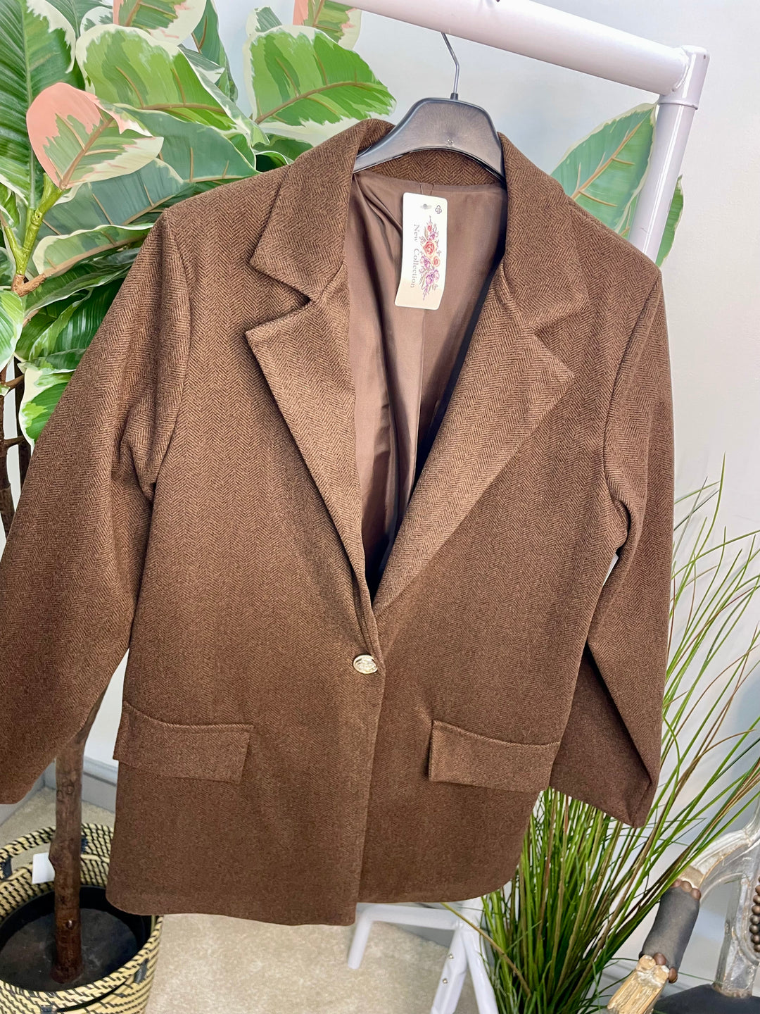 LADIES HERRINGBONE FASHION BLAZER - PLUM, GREY, BEIGE & BROWN