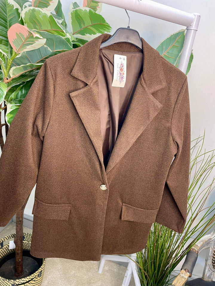 LADIES HERRINGBONE FASHION BLAZER - PLUM, GREY, BEIGE & BROWN