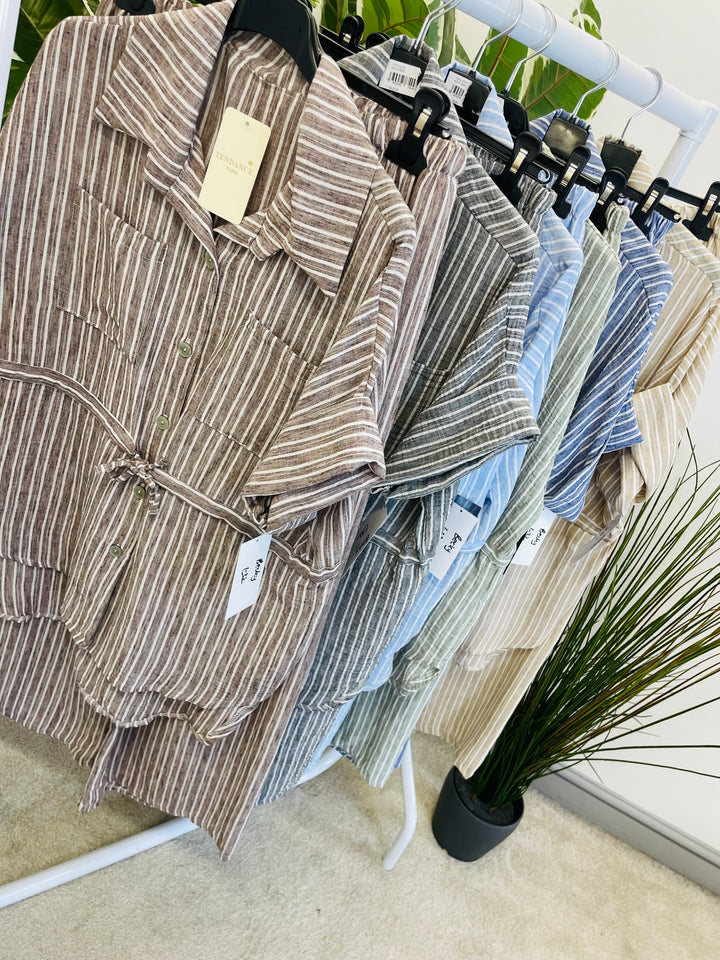 LADIES PINSTRIPE LINEN TROUSER CO ORD SET - BLUE, GREY, KHAKI & BEIGE