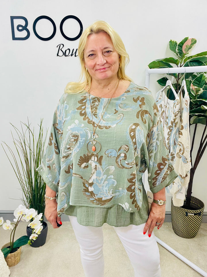 LADIES PAISLEY PRINT LINEN LOOSE FIT TOP - WHITE, BEIGE & KHAKI