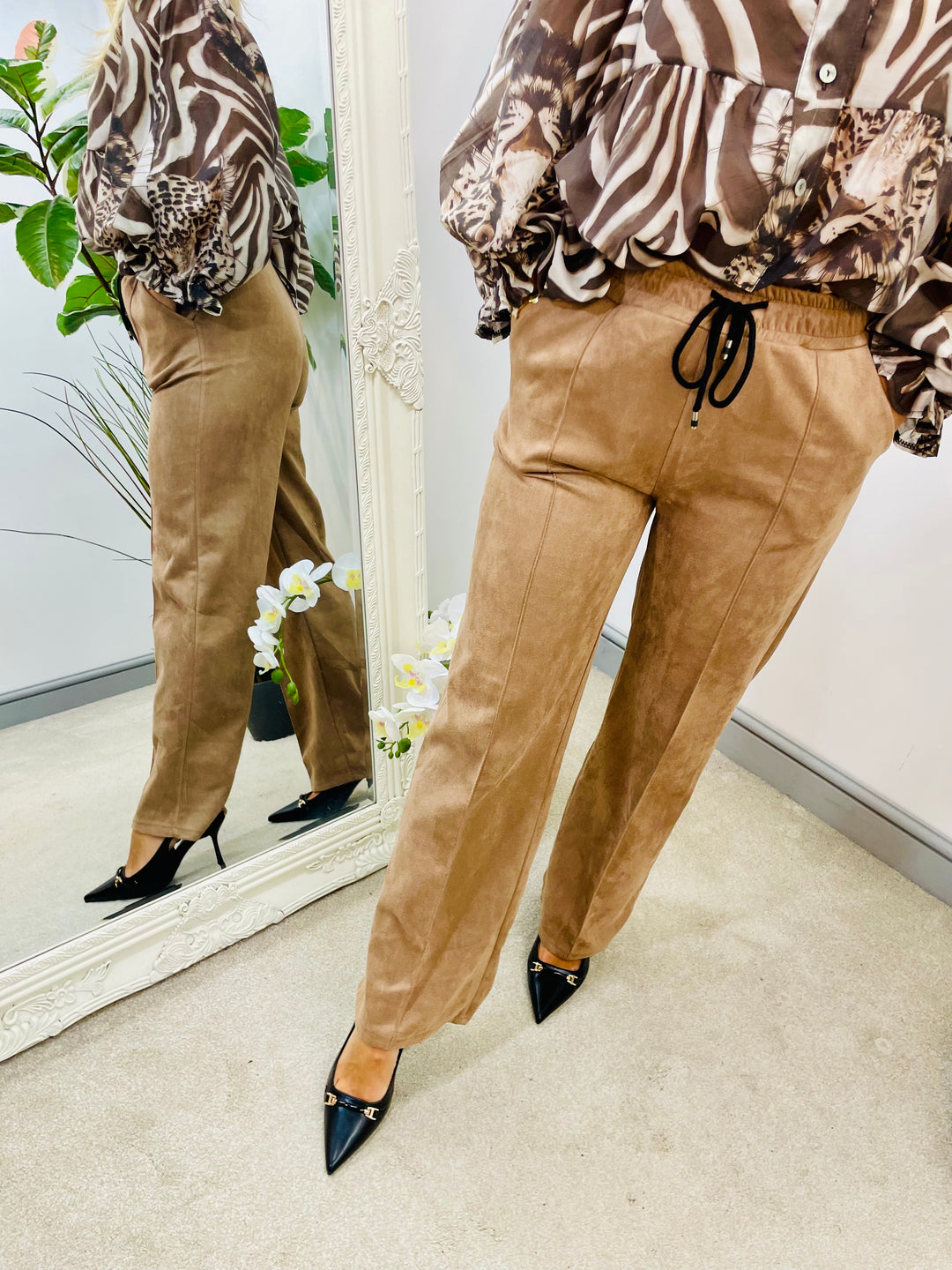 LADIES FAUX SUEDE STRAIGHT LEG TROUSERS - BROWN, CAMEL & BLACK