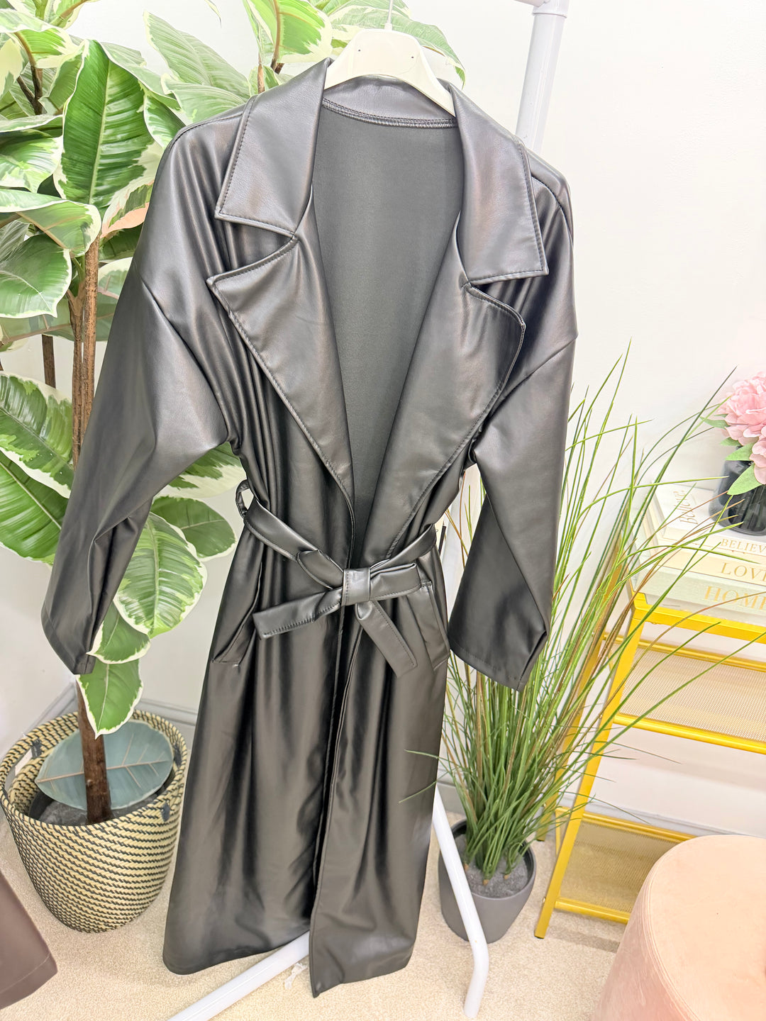 Womens fashion faux leather trench coat - plum, black & brown