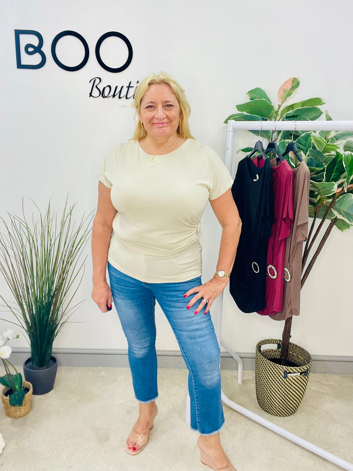 LADIES STRETCH RUCHE SIDE SHORT SLEEVE TOP - BURGUNDY, NAVY, BEIGE & BLACK