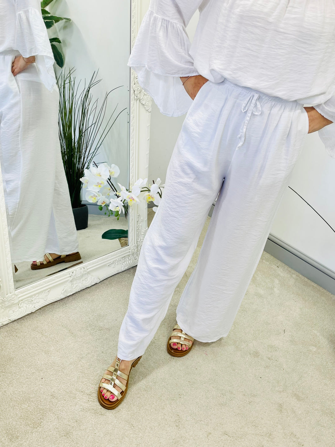 LADIES WOMENS WIDE LEG PALAZZO TROUSERS - BLACK, KHAKI, WHITE, PINK, BLUE & NAVY
