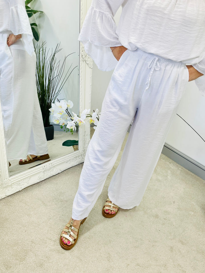 LADIES WOMENS WIDE LEG PALAZZO TROUSERS - BLACK, KHAKI, WHITE, PINK, BLUE & NAVY