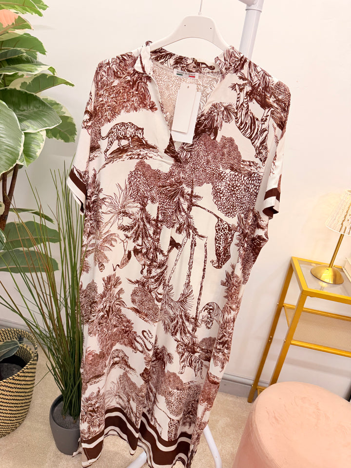 Ladies Jungle Print Loose Fit Summer Maxi Dress - Wine, Brown & Denim Blue