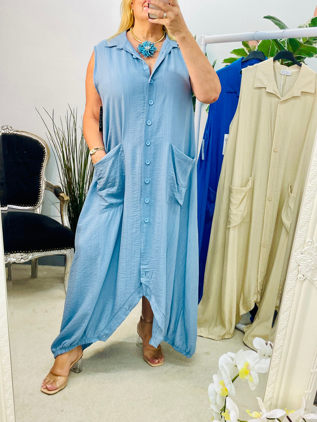 LADIES FUNKY FASHION ROMPER DRESS - BLUE, DENIM & BEIGE