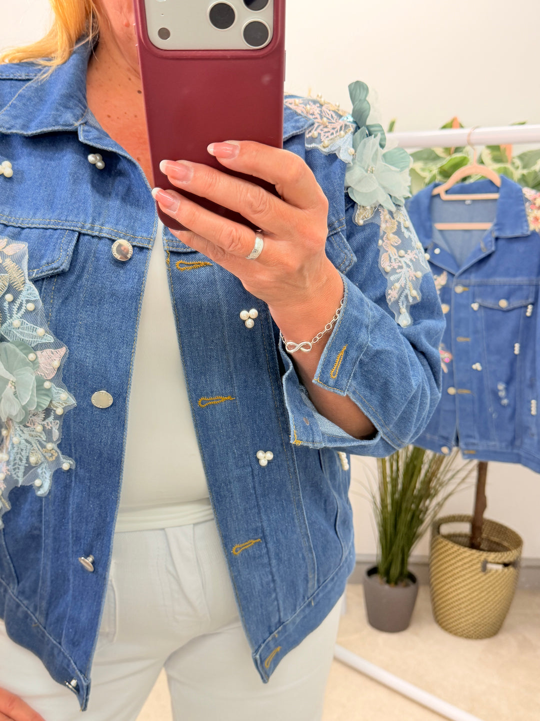 Ladies Blue Denim Applique Flower & Pearl Jacket - Pink & Mint