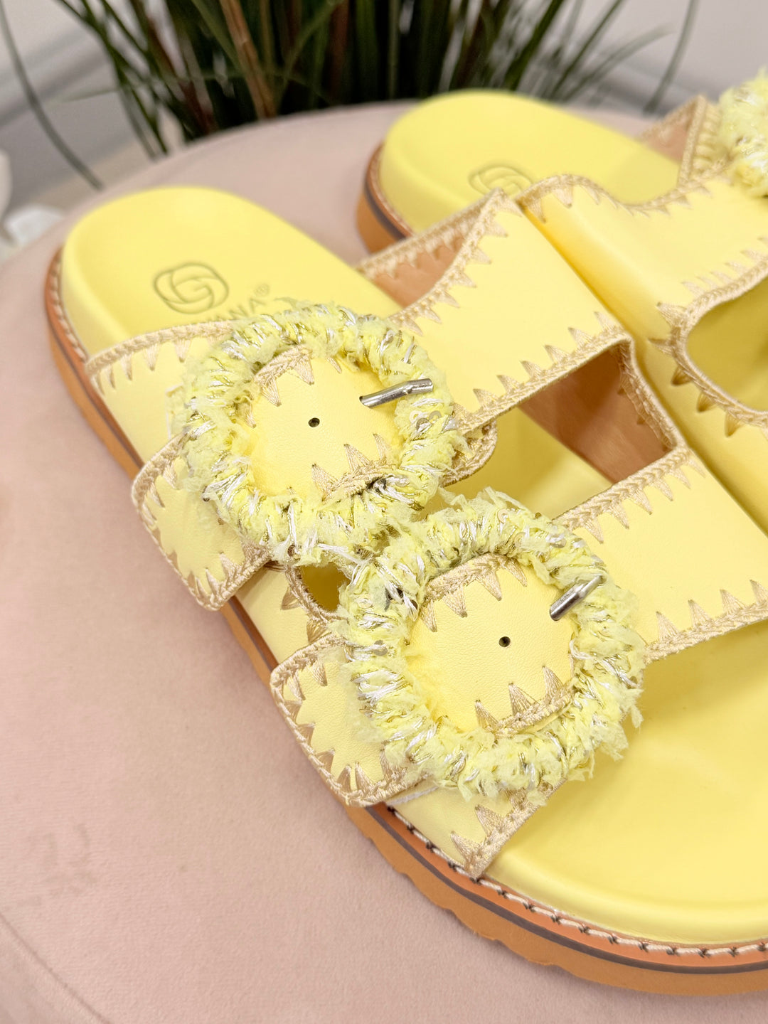 Ladies Fashion Buckle Comfy Moulded Footbed Slider Sandals lemon yellow