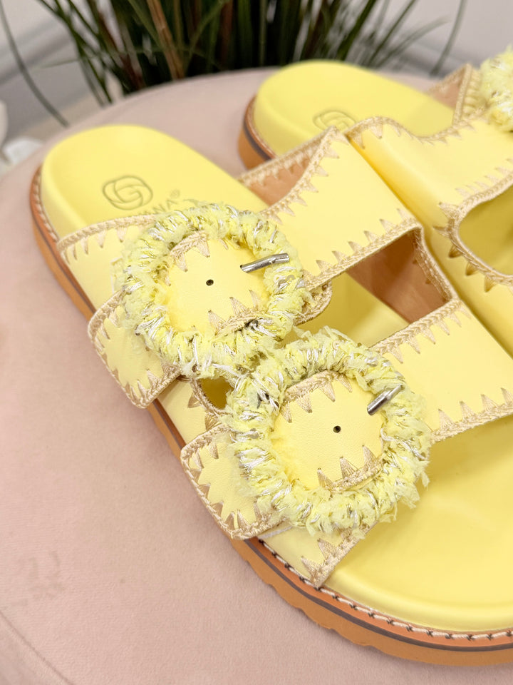 Ladies Fashion Buckle Comfy Moulded Footbed Slider Sandals lemon yellow
