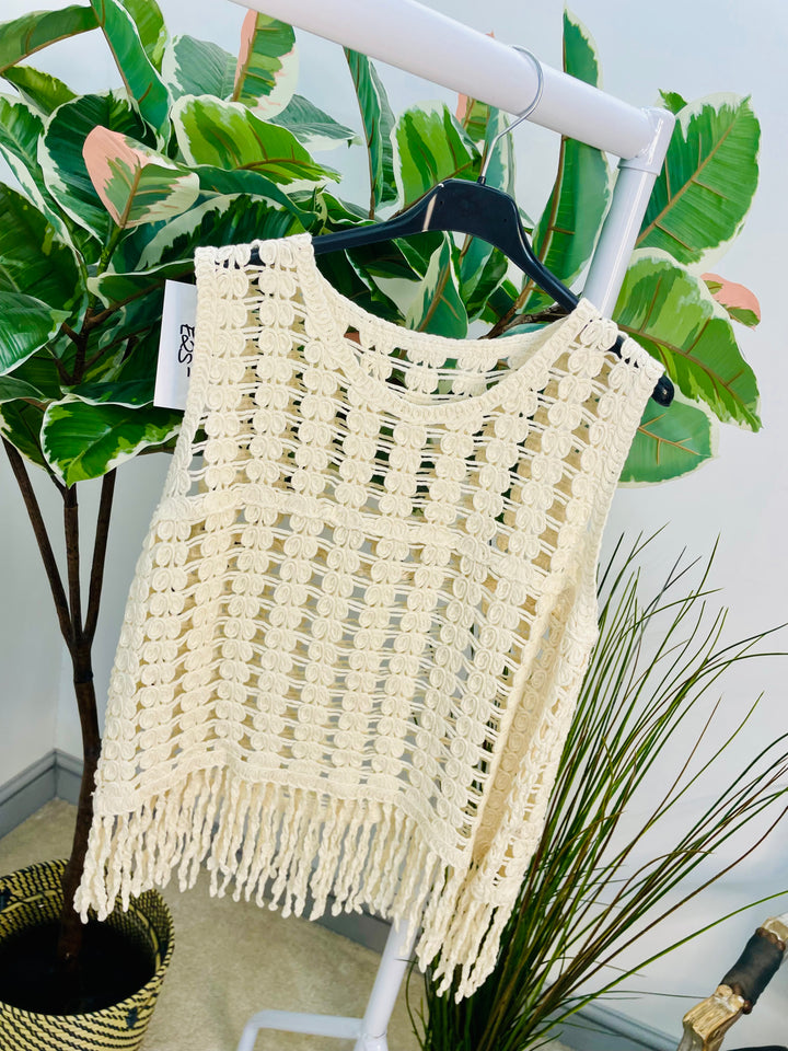 LADIES SLEEVELESS CROCHET TANK TOP - WHITE & BEIGE