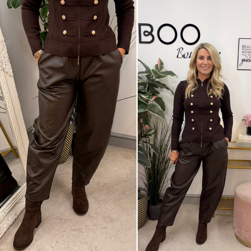 Ladies Fashion Faux Leather Balloon Leg Trousers - Black & Brown