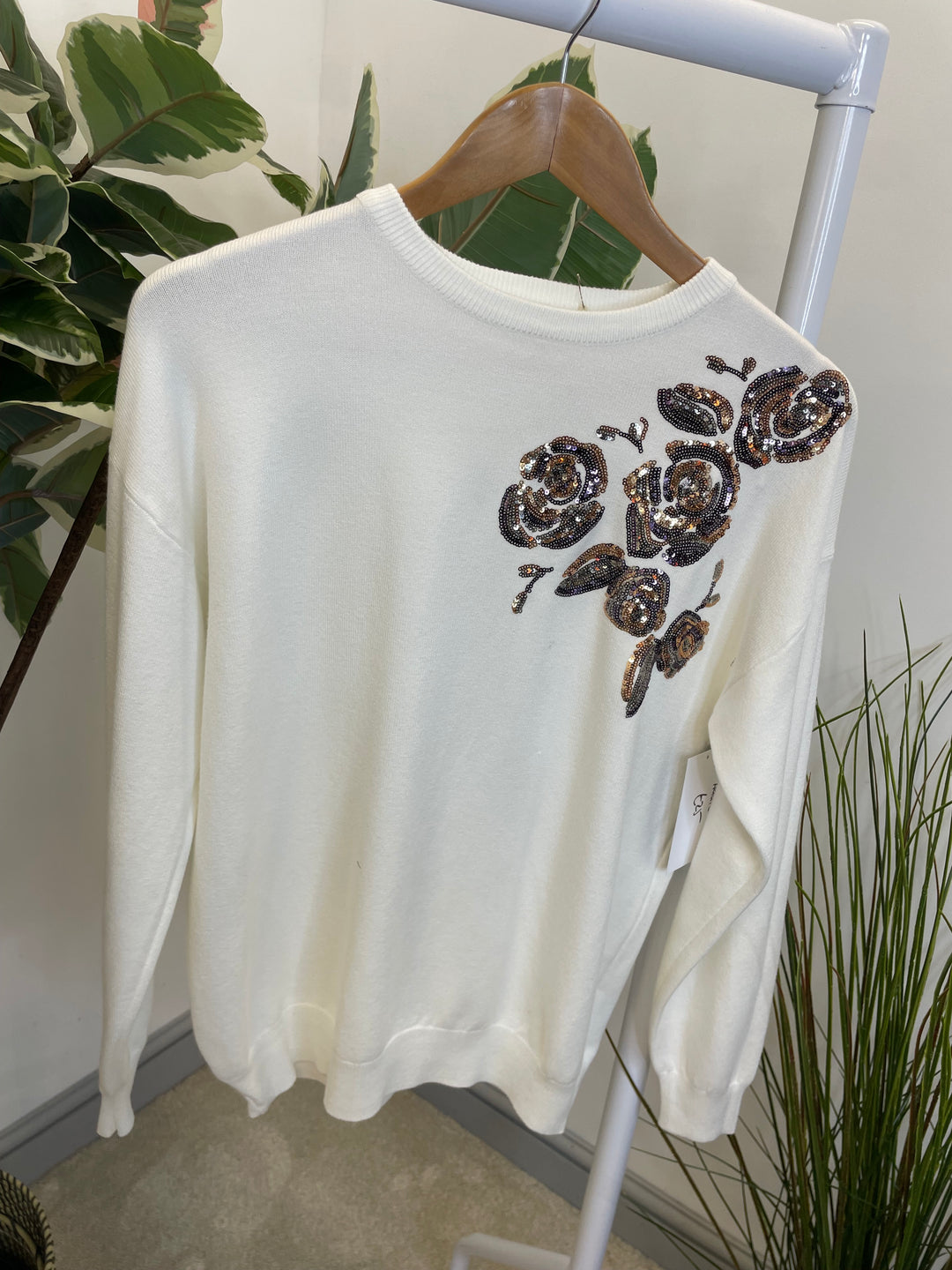 LADIES SEQUIN KNITTED JUMPER - BLACK, WHITE & GREY