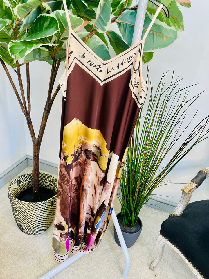 LADIES SUMMER SATIN STUNNING MAXI DRESS - BROWN & BURGUNDY