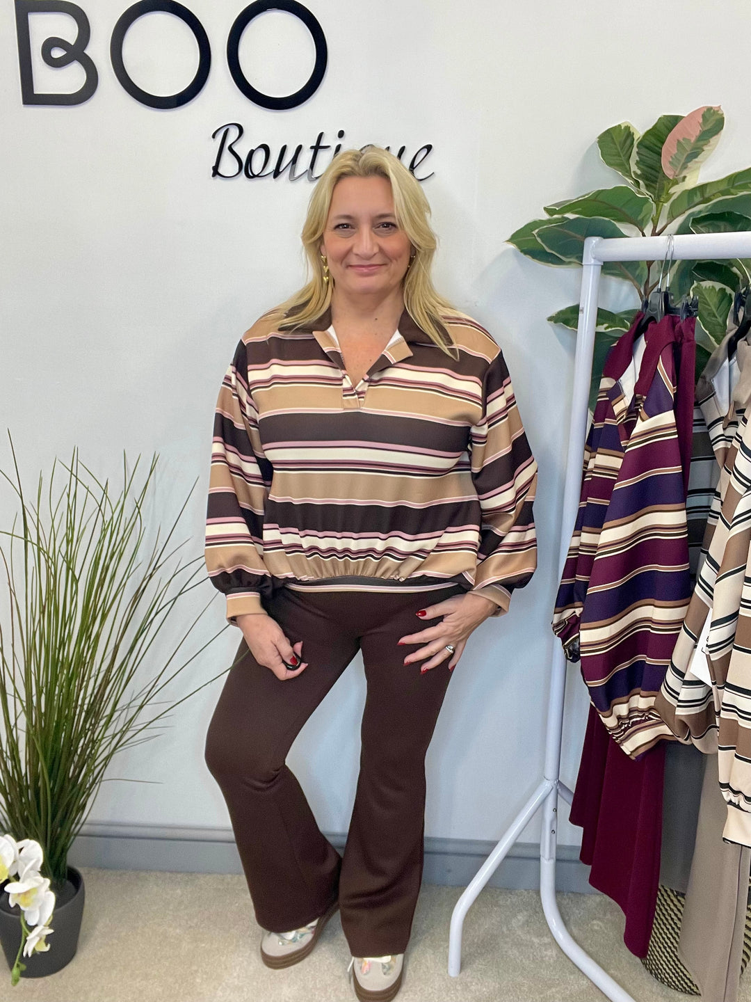 LADIES RUGBY TOP STRAIGHT LEG CO ORD SET - PLUM, MOCHA, BROWN