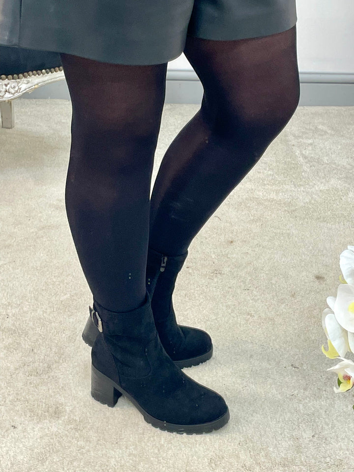 LADIES FASHION BLACK FAUX SUEDE MID HEEL ANKLE BOOTS 